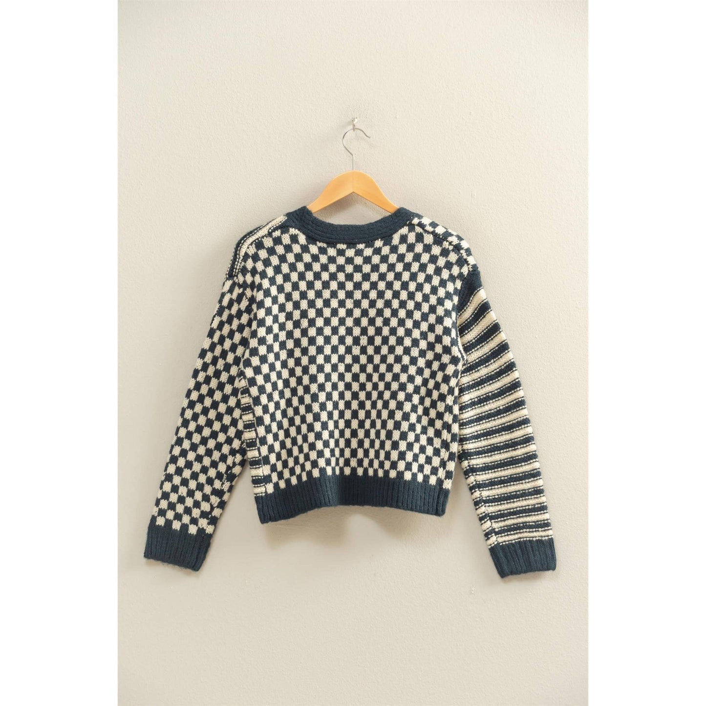 Checker And Stripe Contrast Knit Cardigan Sweater: SOFT PINK/CREAM / S-M-L(2-2-2)