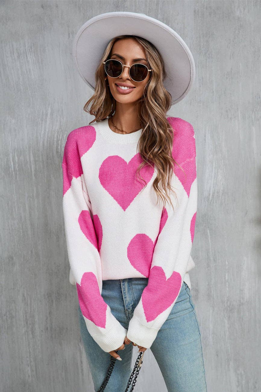 Valentine Heart Knit Sweater Pink Red Pullover Top: Rose Red / S