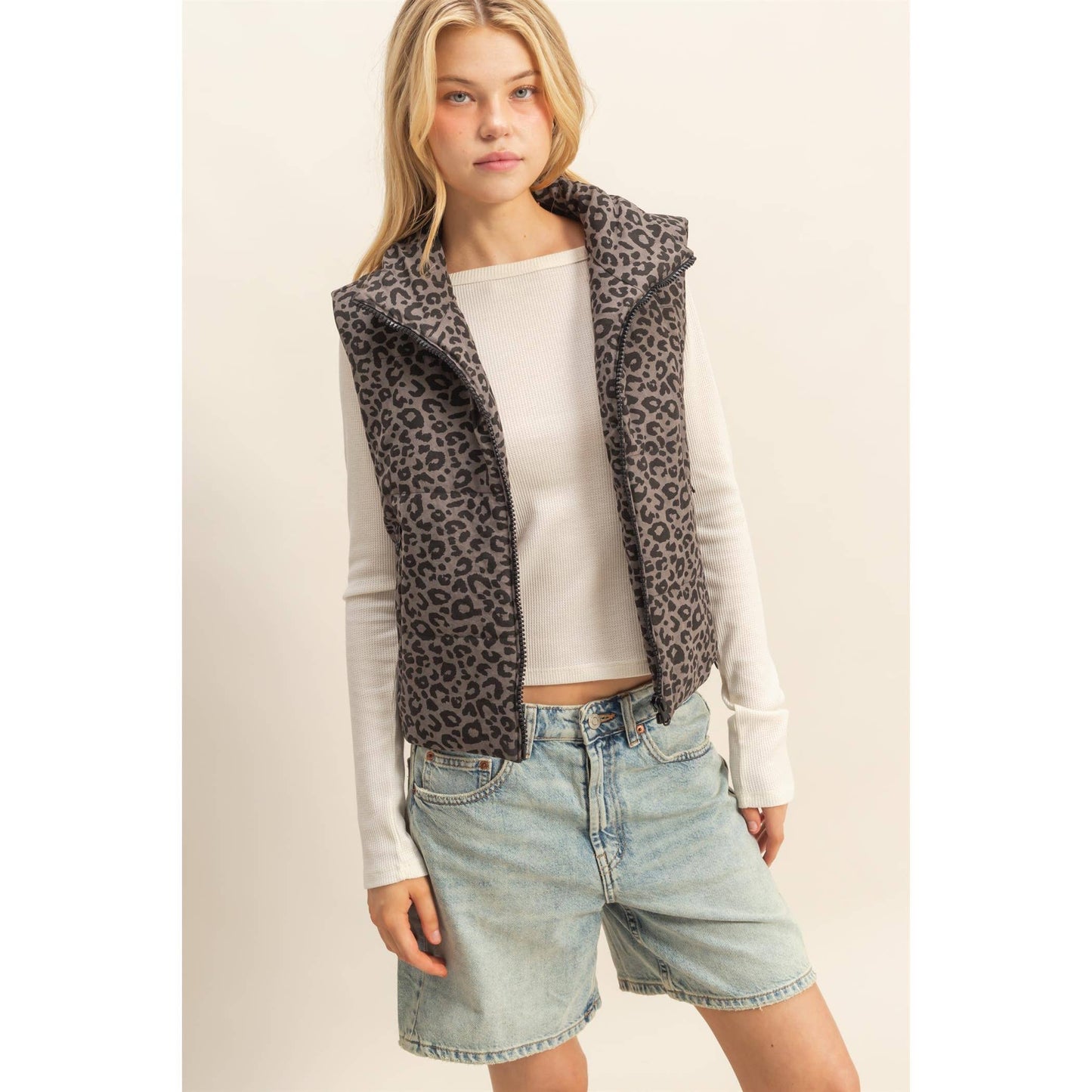 Leopard Print Puffer Vest: BLACK / S-M-L(2-2-2)
