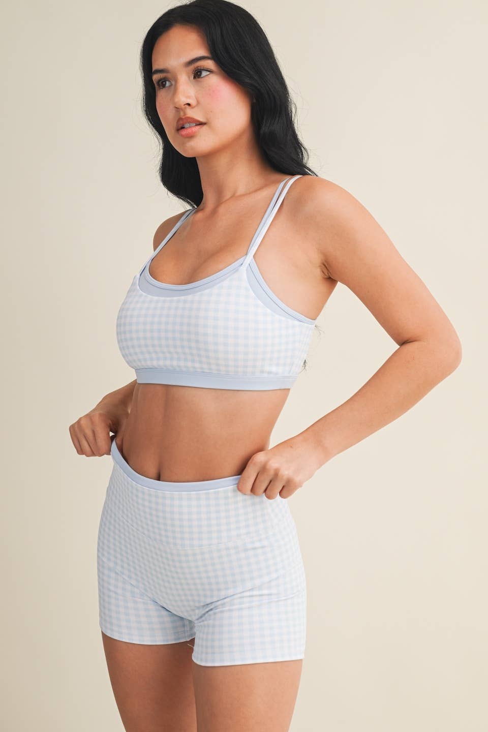 Gingham Print Double Layered Sports Bra: Red Gingham / L