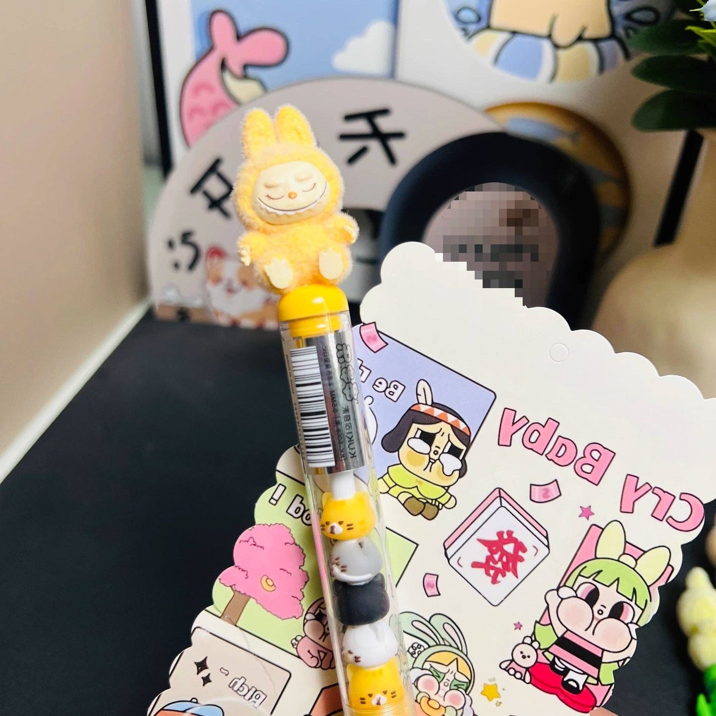 Labubu flocking deco gel pen cute student creative labubu pen: HOT PINK