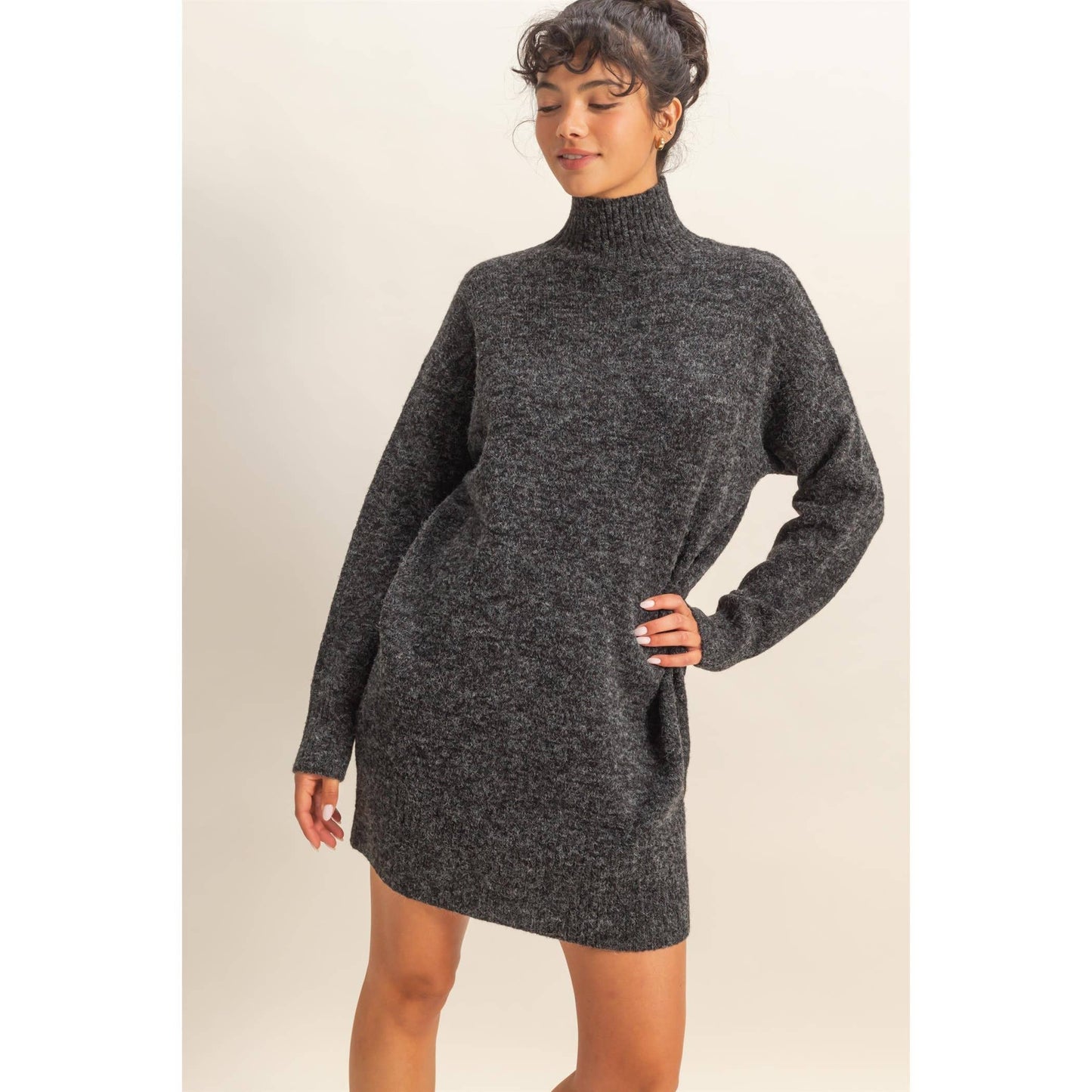 High Neck Sweater Mini Dress: BLACK / S-M-L(2-2-2)