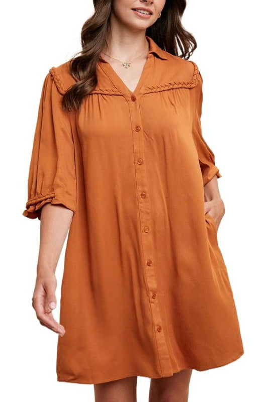 Braided Trim Detail Shirt Mini Dress: PUMPKIN / 2-2-2-2(S-M-L-XL)