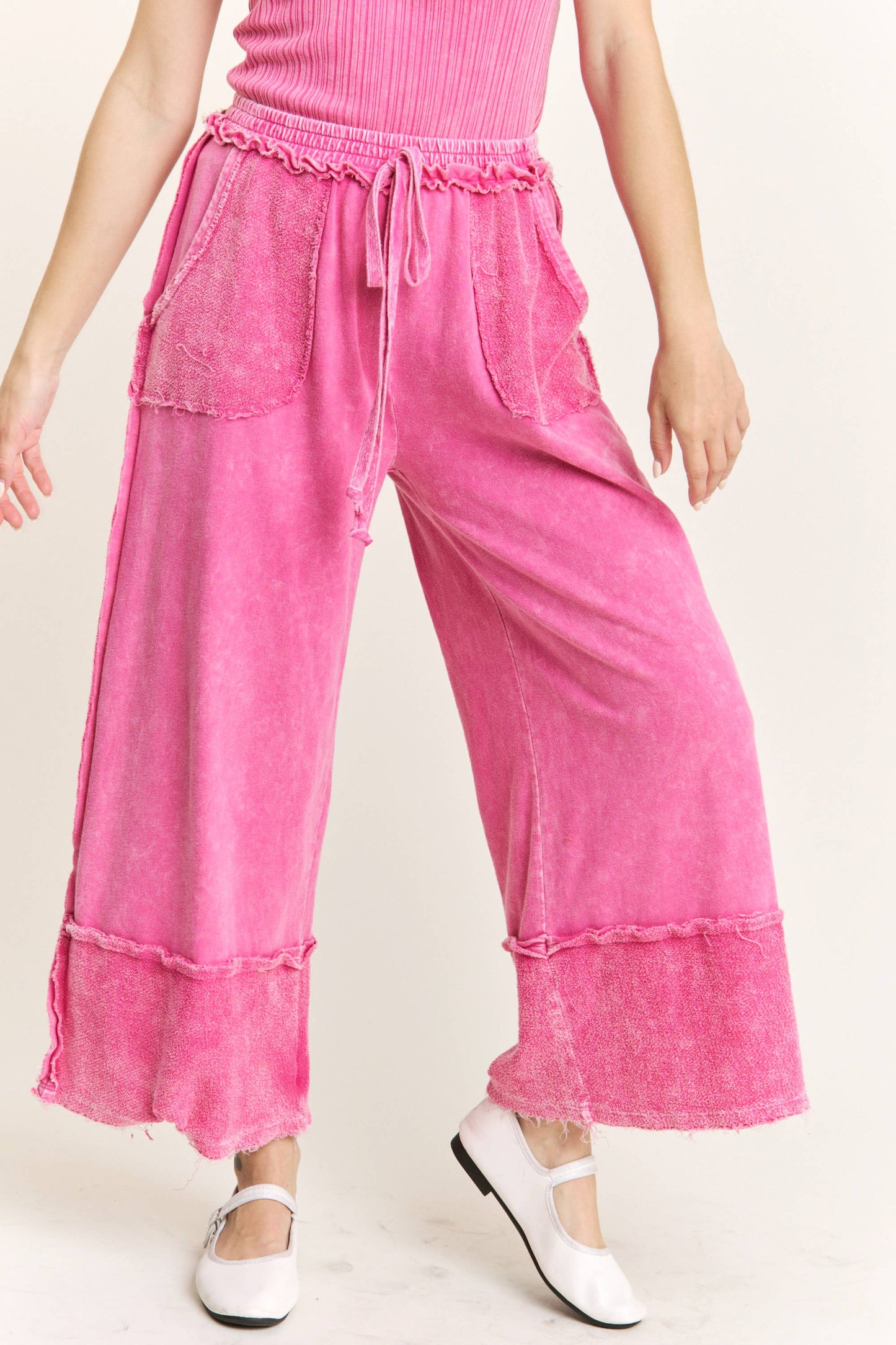 MineralWash Wide Pants with raw hem frayed details HP5536..: Latte / S-M-L / 2-2-2