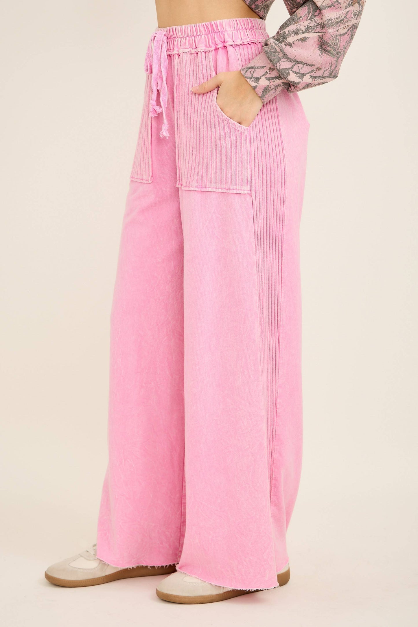 Best Mineral Wash Side Knit detail wide leg pantsHE5878P: Midnight Green / S-M-L / 2-2-2