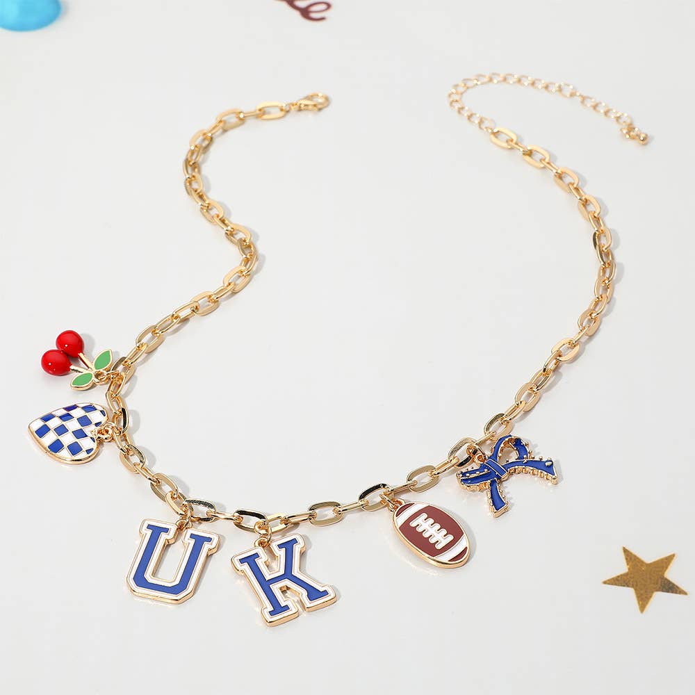 Football Theme Bow Cherry Heart Charm Station Necklace: Blue,Gold,White