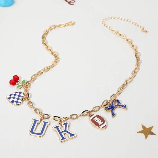 Football Theme Bow Cherry Heart Charm Station Necklace: Blue,Gold,White