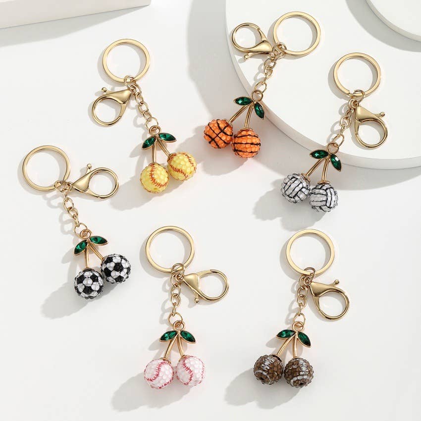 Diamond-Encrusted Cherry Style Ball Sports Keychain