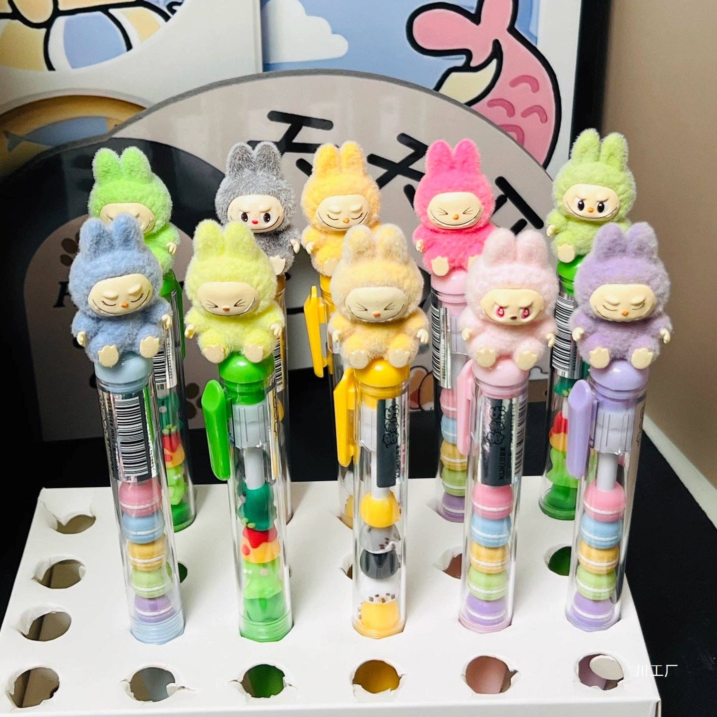 Labubu flocking deco gel pen cute student creative labubu pen: HOT PINK