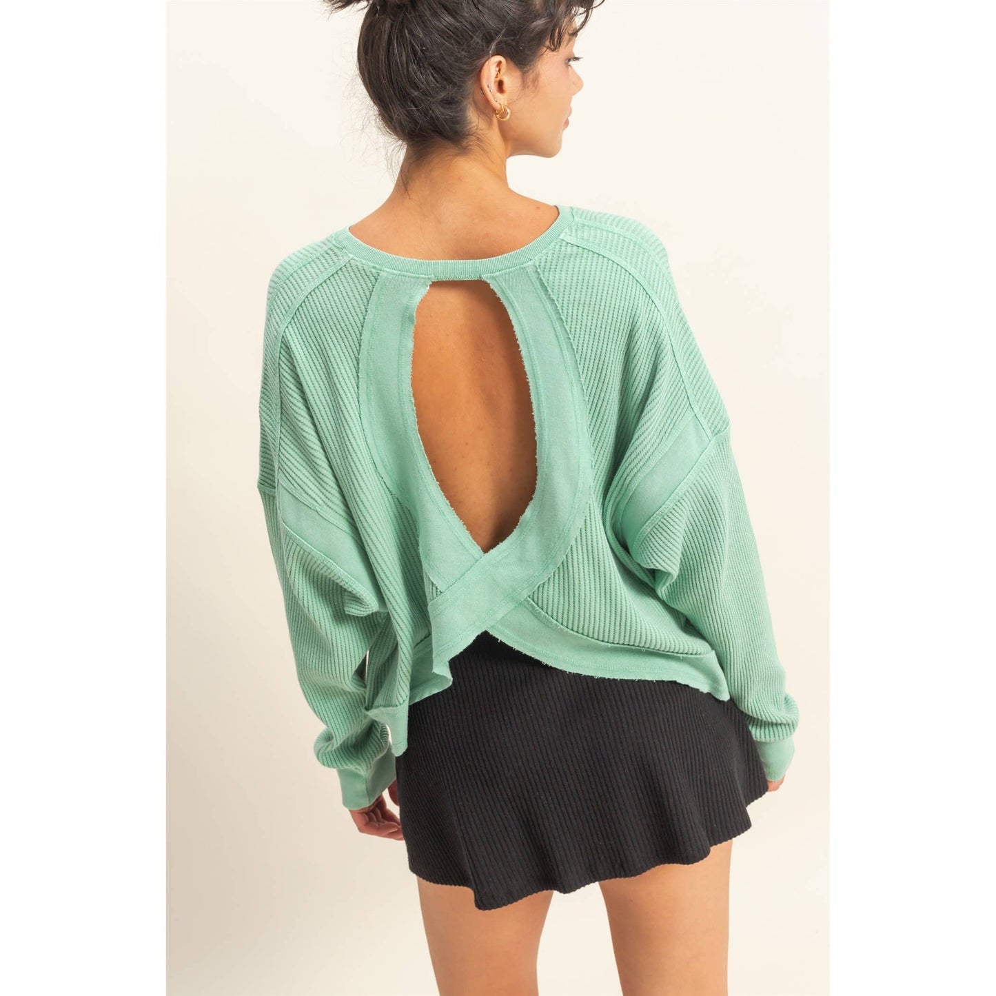 Chic Open Back Textured Knit Long Sleeve Top: TAFFY PINK / S-M-L(2-2-2)
