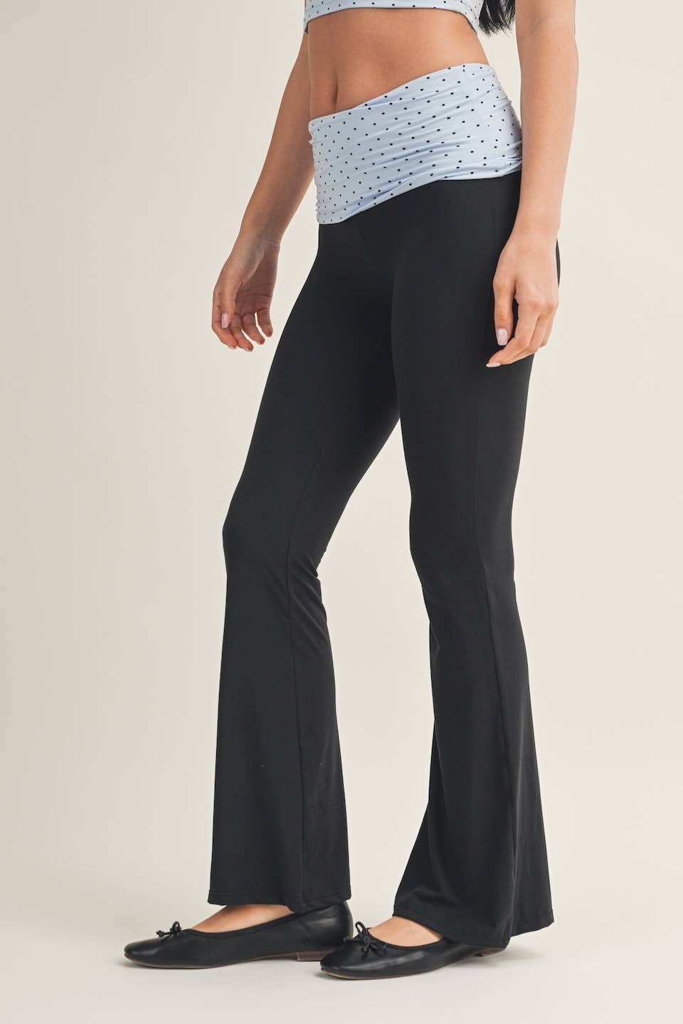 Polka Dot Soft Knit Foldover Flare Pants: Blue/Black Polka Dot / M