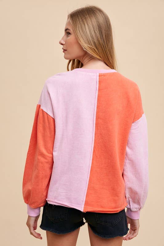 Heart Patch Mineral Wash Color Block Pullover: MINERAL RED/PINK / 2-2-2-2 (S-M-L-XL)