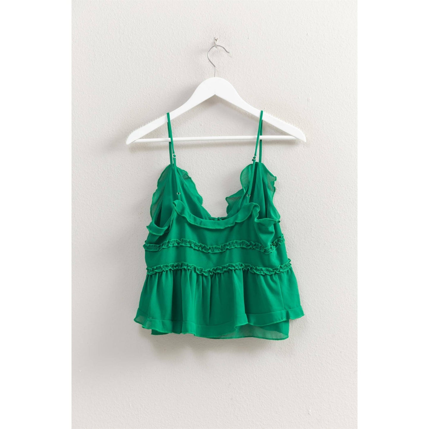 HF25E382-Chiffon Sleeveless Ruffled Cami Top: GREEN / S-M-L(2-2-2)