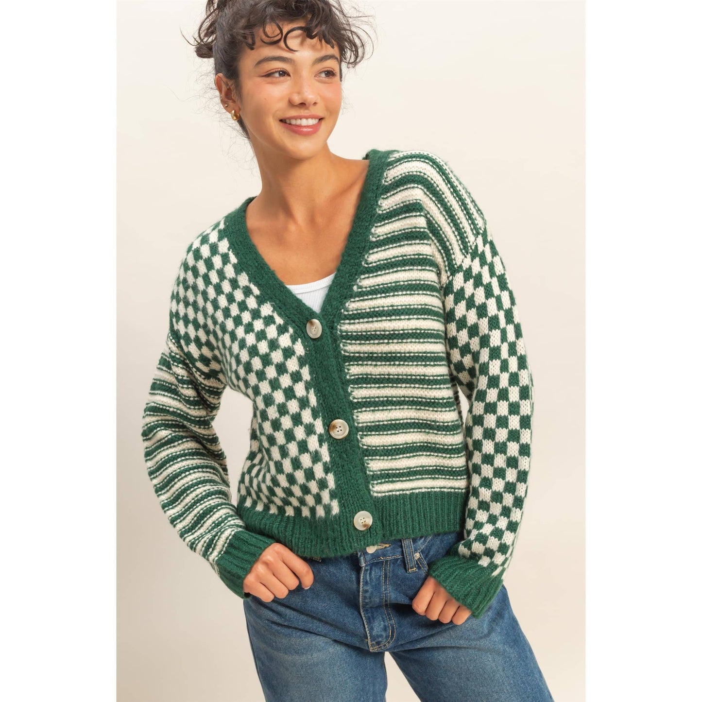 Checker And Stripe Contrast Knit Cardigan Sweater: SOFT PINK/CREAM / S-M-L(2-2-2)