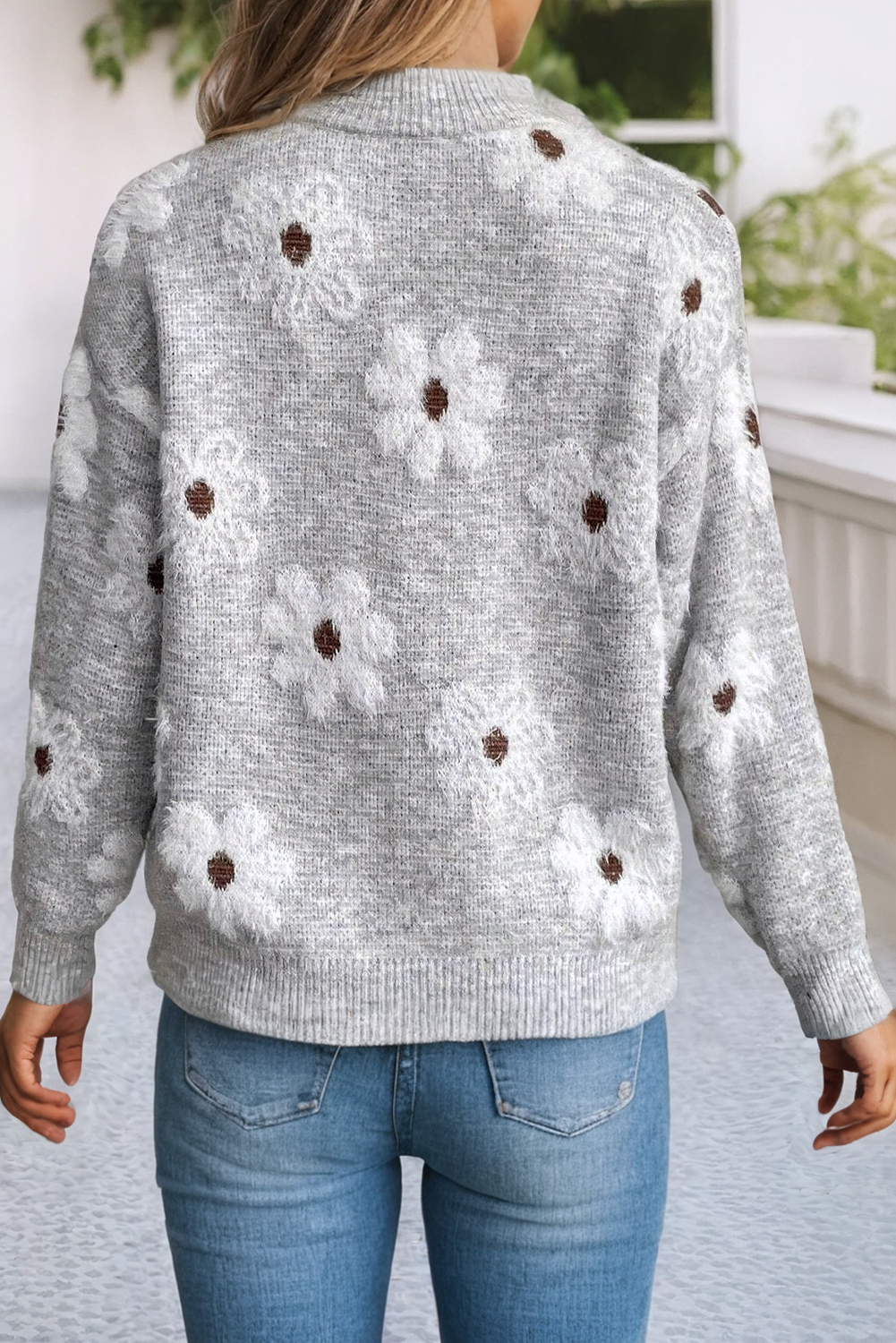 LDC Floral Pattern Drop Shoulder Half Zip Sweater: Green / Missy / XL