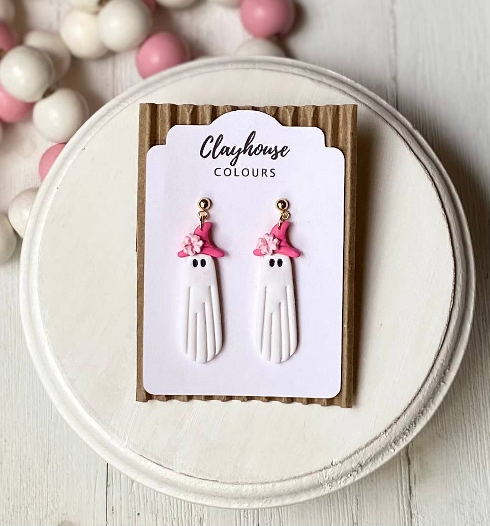 Pink Halloween Earrings | Fall Earrings : Ghost with Bows