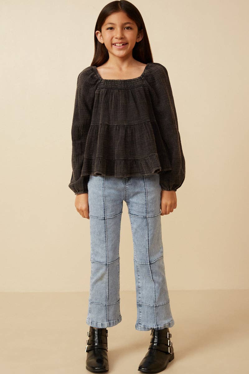Girls Smock Detailed Textured Washed Peplum Top - 4 Pack: Black / Pack