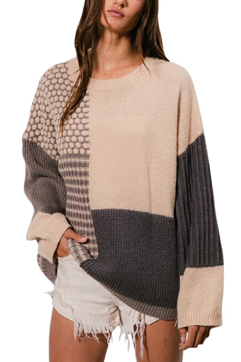 Mixed Pattern Block Sweater: OATMEAL/GREY/DNAVY / 2-2-2-2 (S-M-L-XL)