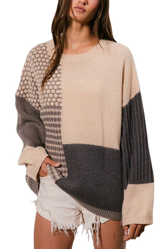 Mixed Pattern Block Sweater: OATMEAL/GREY/DNAVY / 2-2-2-2 (S-M-L-XL)