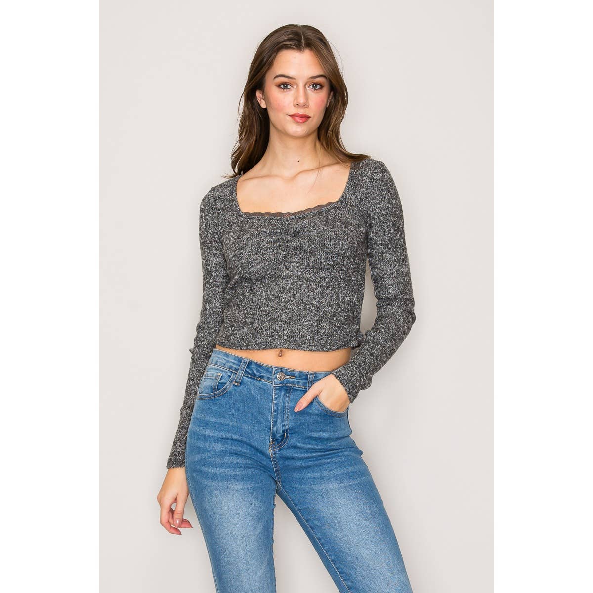 Square Neck Long Sleeve Top with Lace Trim: Black / S-M-L(2-2-2)