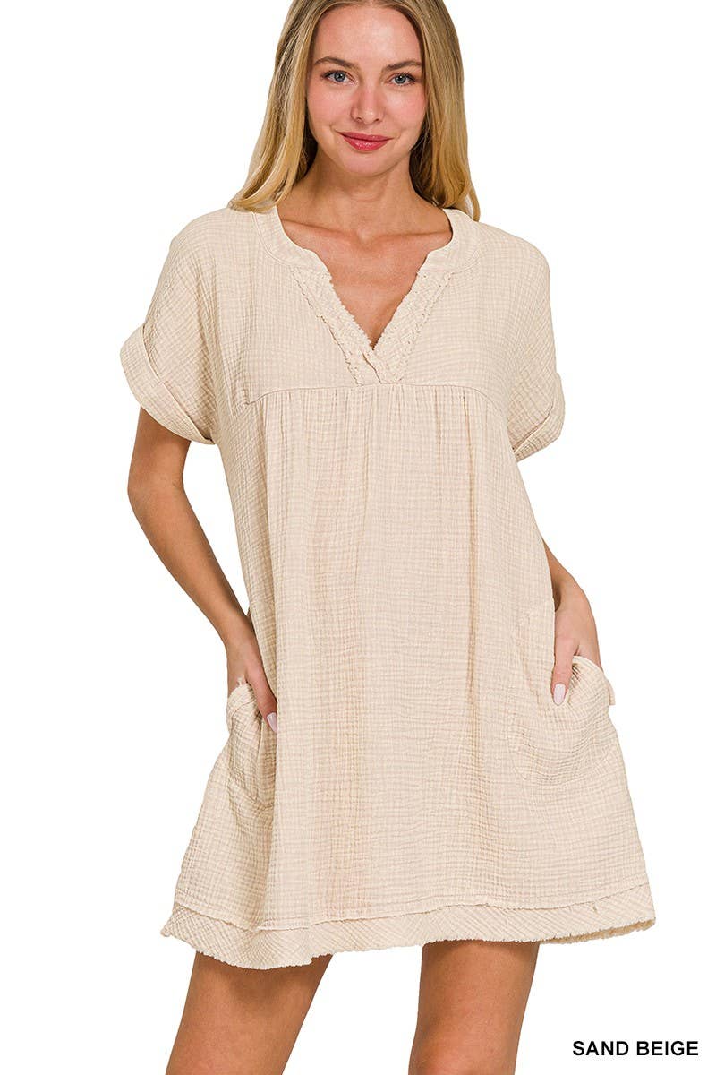 Washed Double Gauze Raw Edge V-neck Dress: DEEP SKY / 2-2-2(S-M-L)