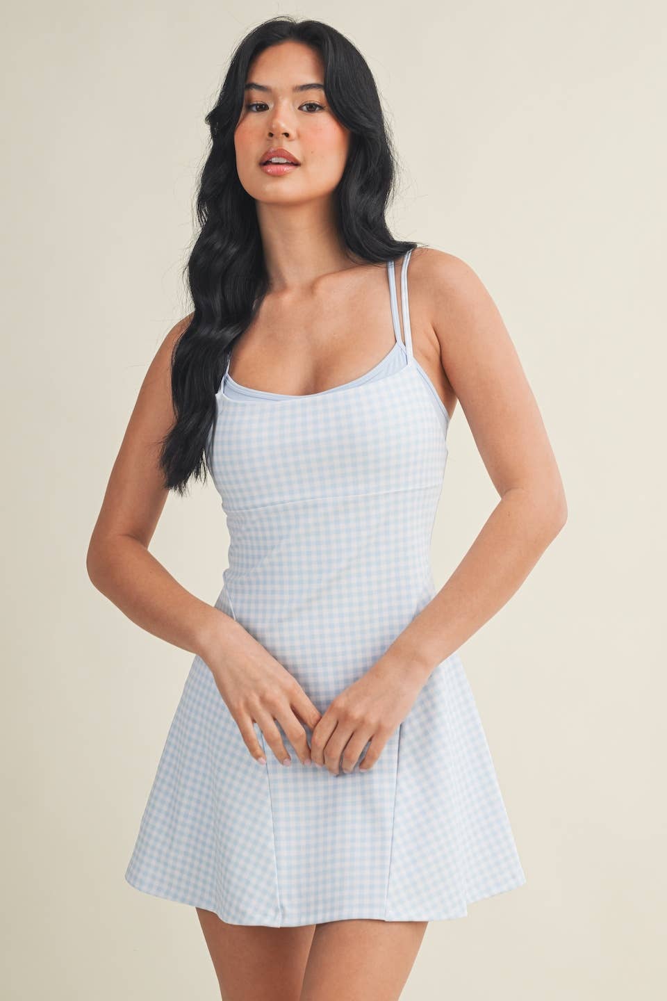 Gingham Print Double Layered Dress: Blue Gingham / S