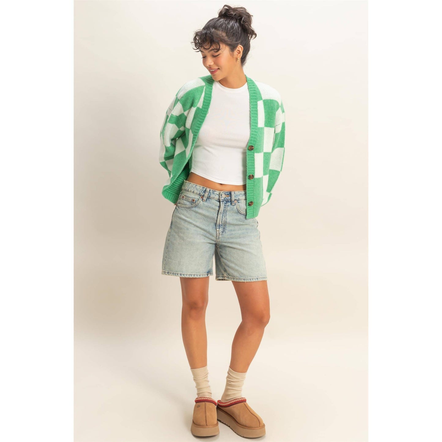 Checkered Button Front Cardigan Sweater: EMERALD/CREAM / S-M-L(2-2-2)