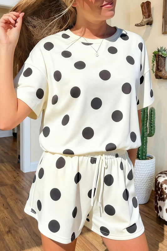 Polka Dot Print Loose Tee Drawstring Elastic Waist Short Set: Black / M
