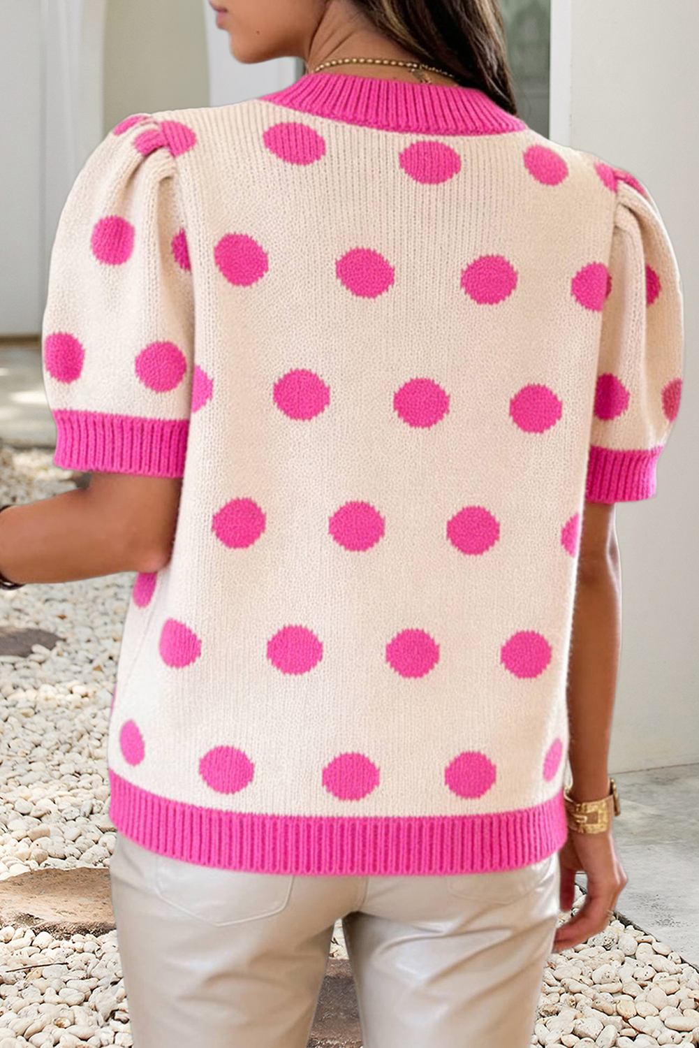 LDC Polka Dot Puff Short Sleeve V Neck Sweater Top: Pink / XL