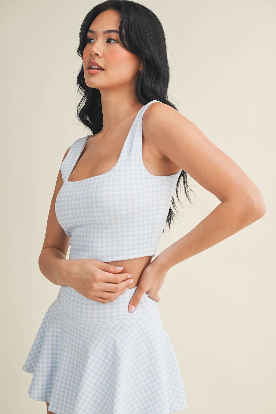 Gingham Print Crop Tank with Lace Trim: Pink Gingham / S