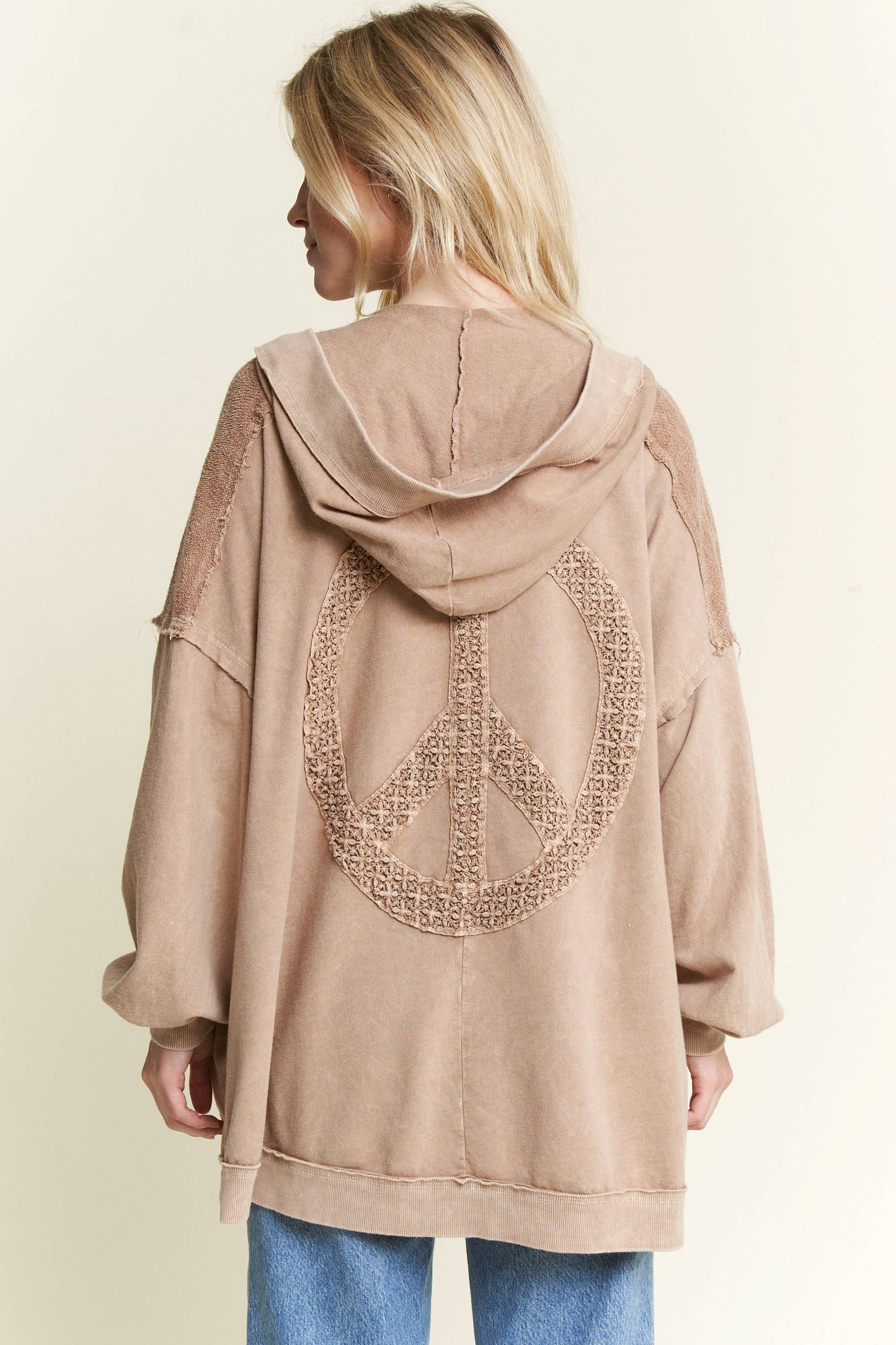 Mineral Wash Open Terry Cardigan with peace sign HT6086: Latte / S-M-L / 2-2-2