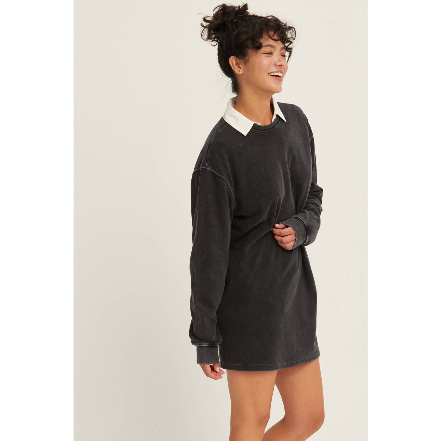 Mineral Washed Oversized Mini Sweatshirt Dress: CHESTNUT / S-M-L(2-2-2)