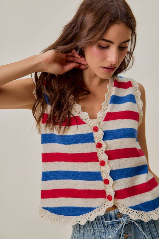 Fourth Of July Stripe Button Down Vest Top