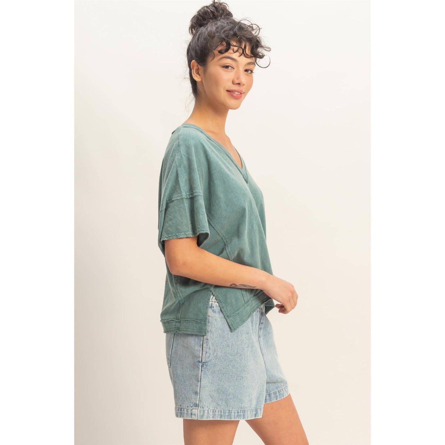 Oversized V-Neck Short Sleeve Top: TAFFY PINK / S-M-L(2-2-2)