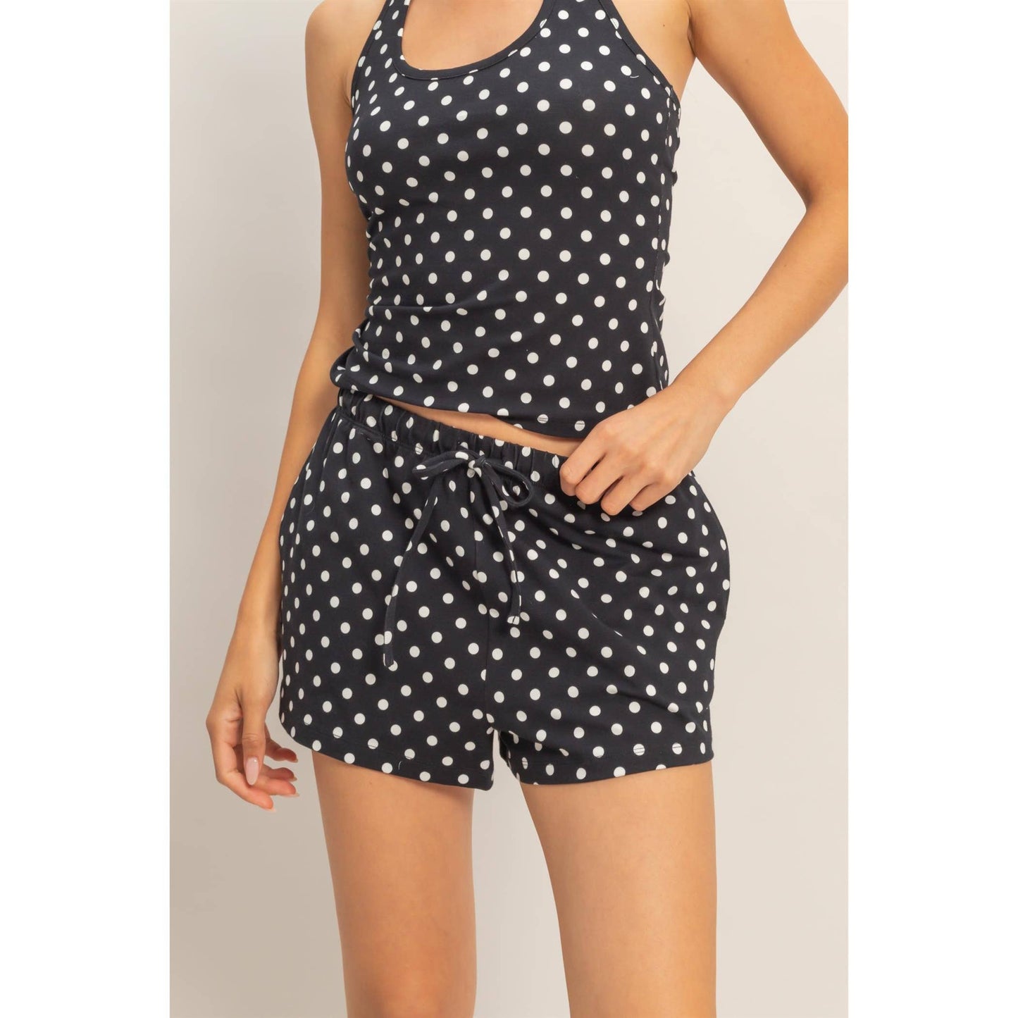 Polka Dot Drawstring Shorts: BROWN / S-M-L(2-2-2)