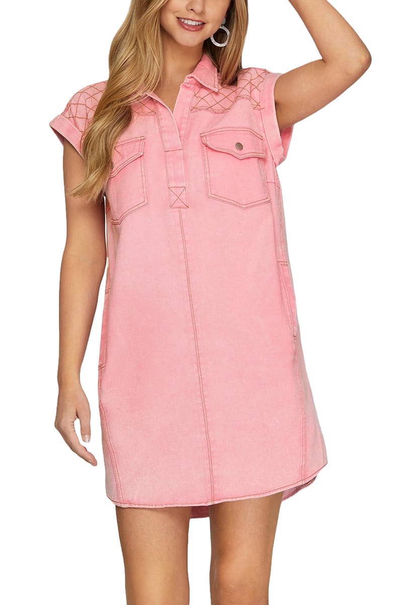 Cap Sleeve Stitched Shoulder Utility Washed Twill Dress: BLUE / 2-2-2 (S-M-L)