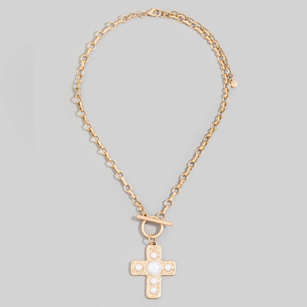 Pearl Studded Cross Pendant Toggle Chain Necklace: WG
