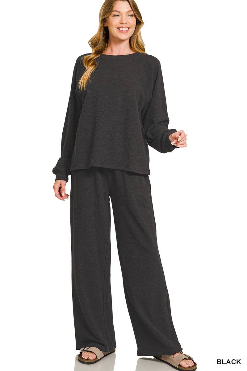 Slub Long Sleeve Top And Pants 2pcs Set: HUNTER GREEN / 1-1-1(S-M-L)