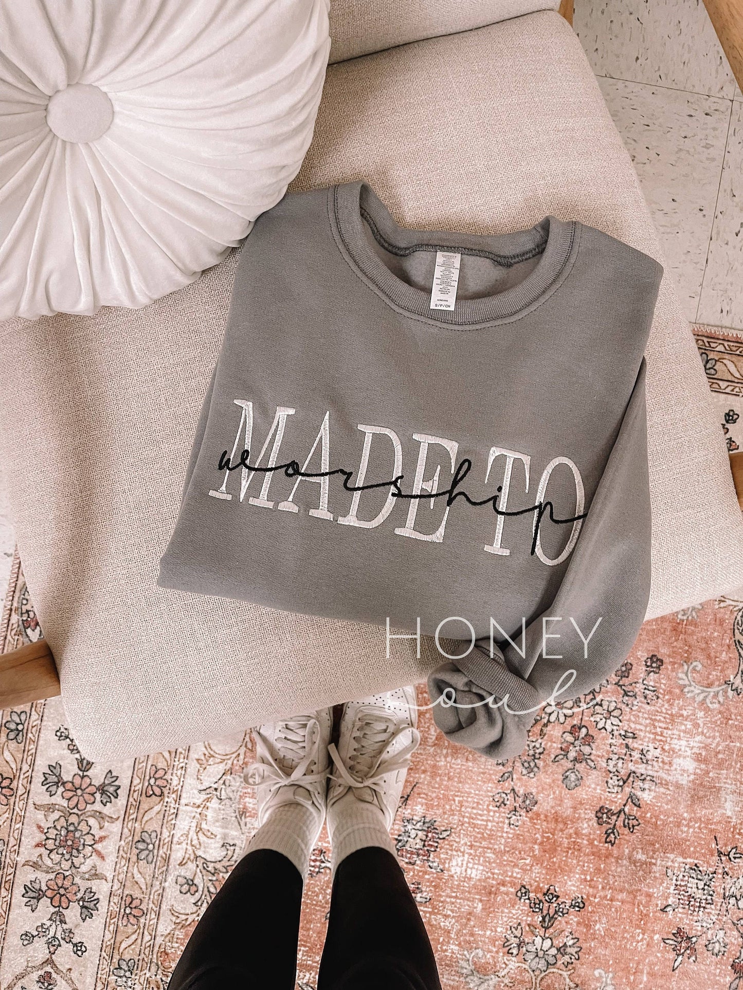 Embroidered Made To Worship GREY Sweatshirt ORIGINAL: Large / Sweatshirt