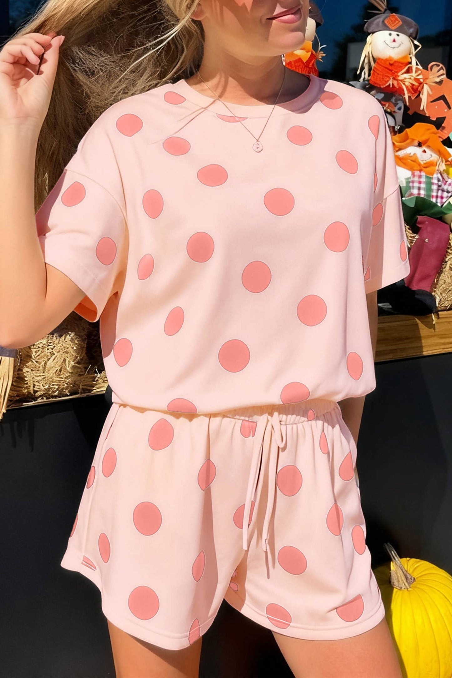 Polka Dot Print Loose Tee Drawstring Elastic Waist Short Set: Black / M