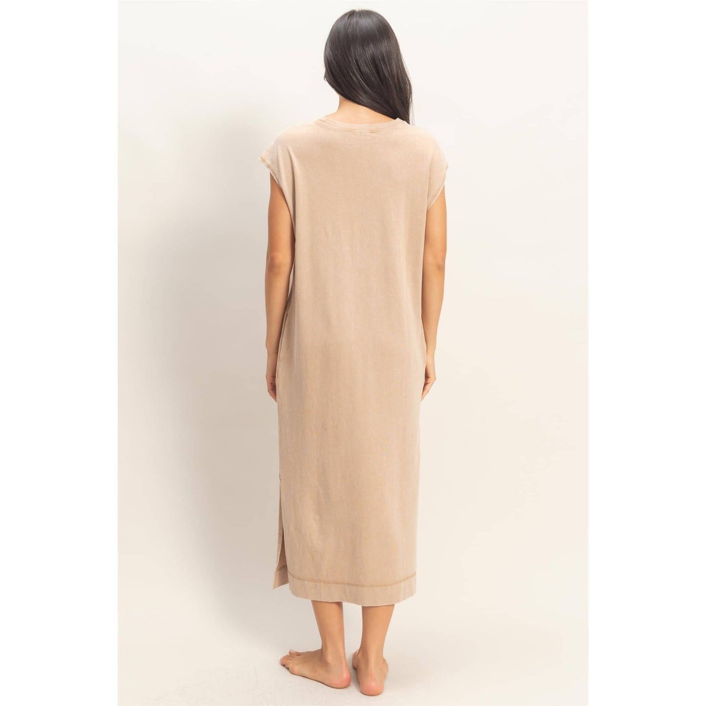 Mineral Wash Cap Sleeve Midi Dress: CHOCOLATE / S-M-L(2-2-2)