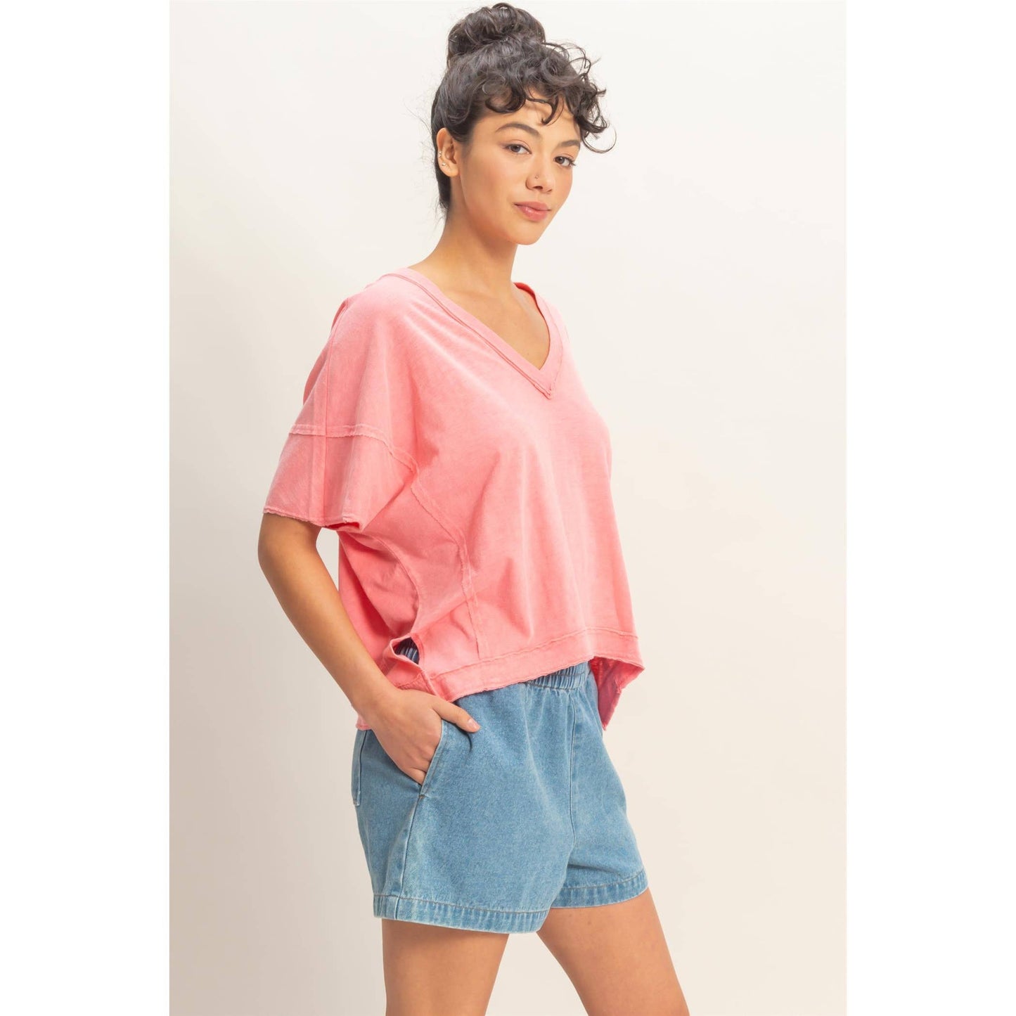Oversized V-Neck Short Sleeve Top: WHIP CREAM / S-M-L(2-2-2)