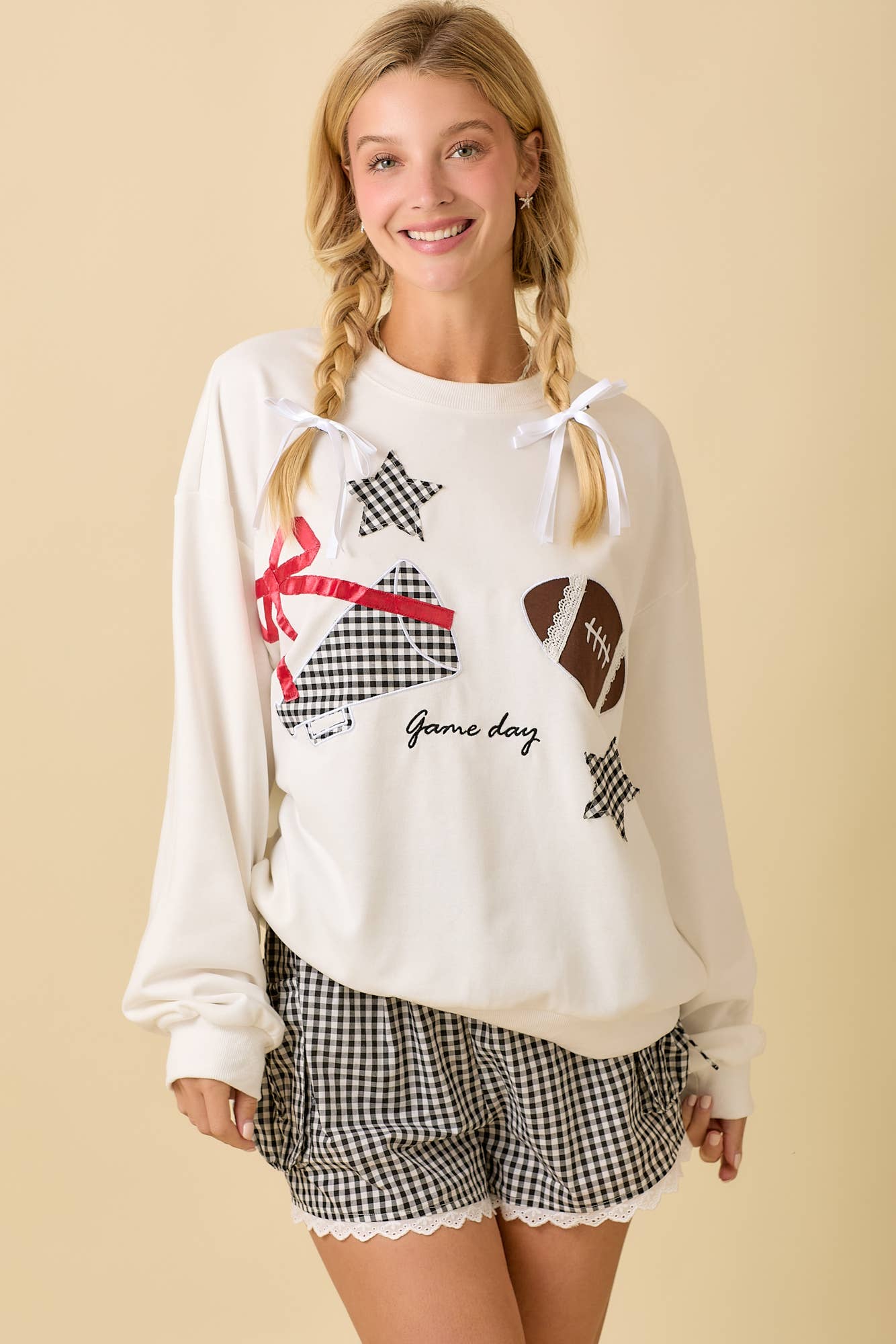 Football Game Day Patchwork Long Sleeve Crewneck Top: BLACK / M