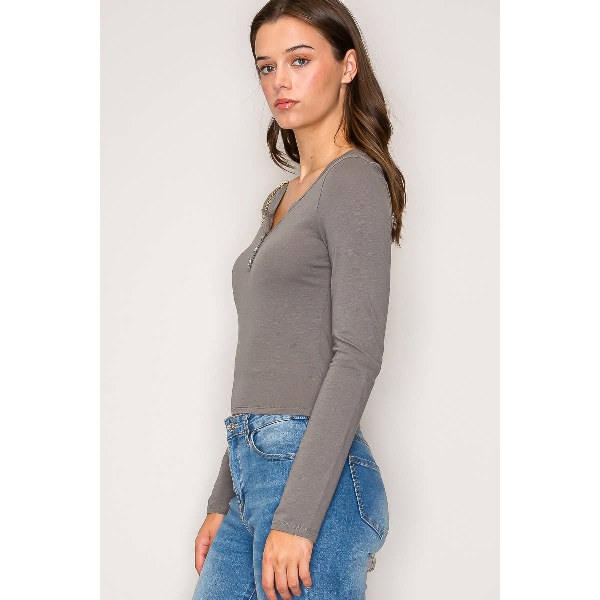 Notch V Neck Button Front Long Sleeve Cotton Top: Chili Oil / S-M-L(2-2-2)