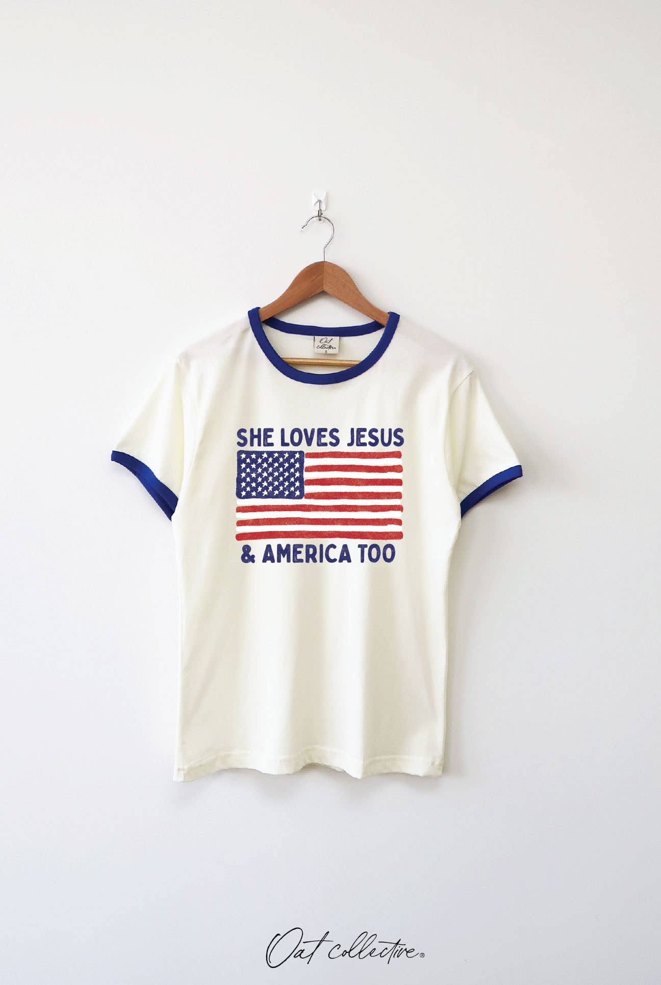 SHE LOVES JESUS AND AMERICA TOO Ringer Graphic Top : NATURAL/BLK / M