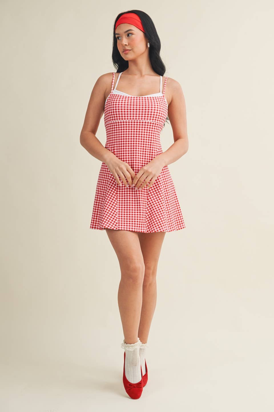 Gingham Print Double Layered Dress: Blue Gingham / L