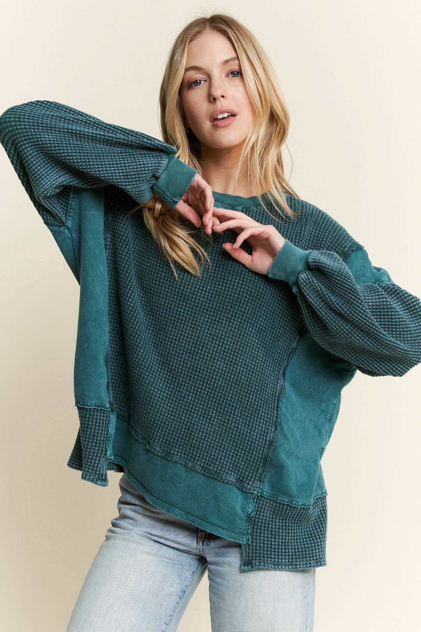MineralWash Waffle and terry oversized fall shirt HT5989.: Midnight Green / S-M-L / 2-2-2