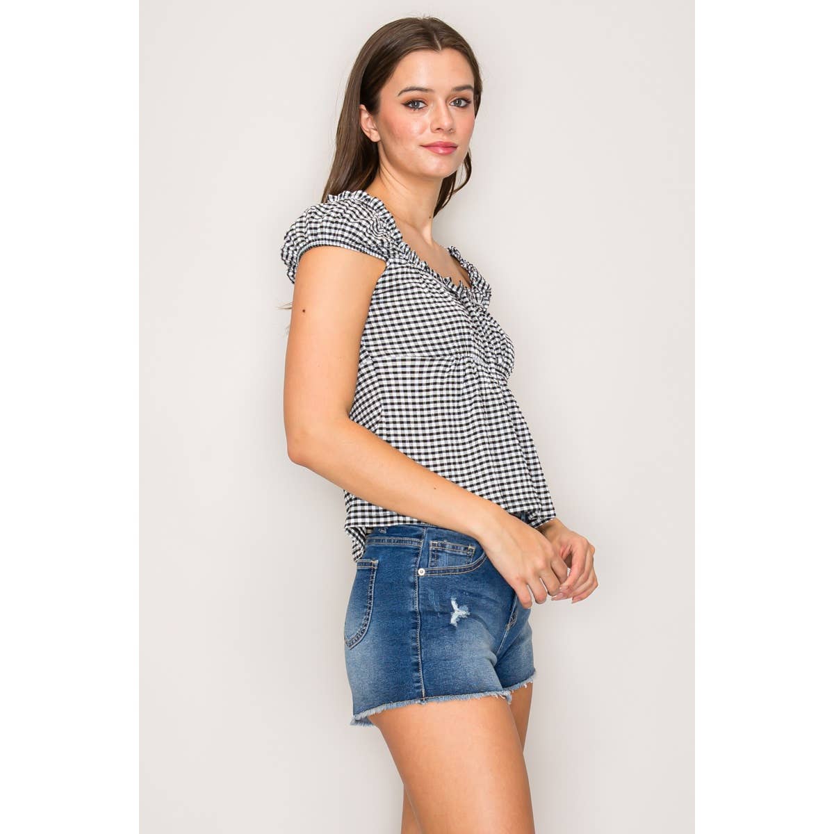 Gingham Babydoll Top with Square Neck and Tie : Black / White / S-M-L(2-2-2)