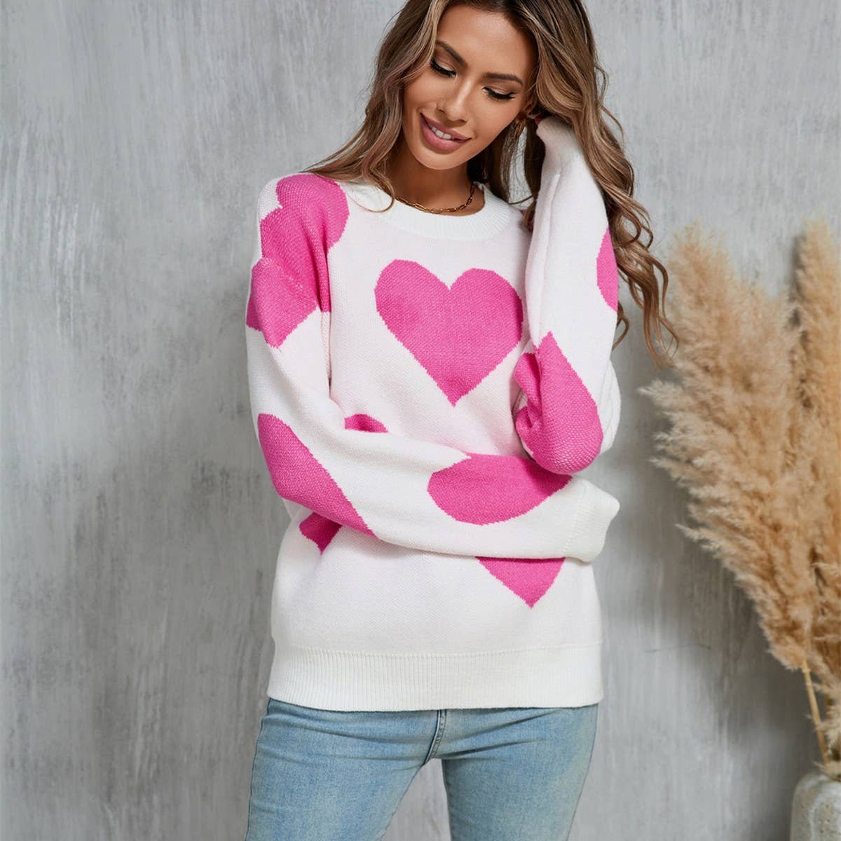 Valentine's Day jacquard pullover sweater: White / (L) 1