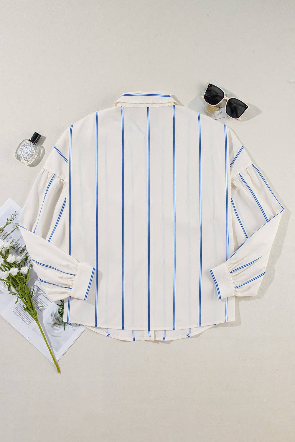Stripe Bubble Sleeve Buttoned Shirt: Sky Blue Stripe / XL